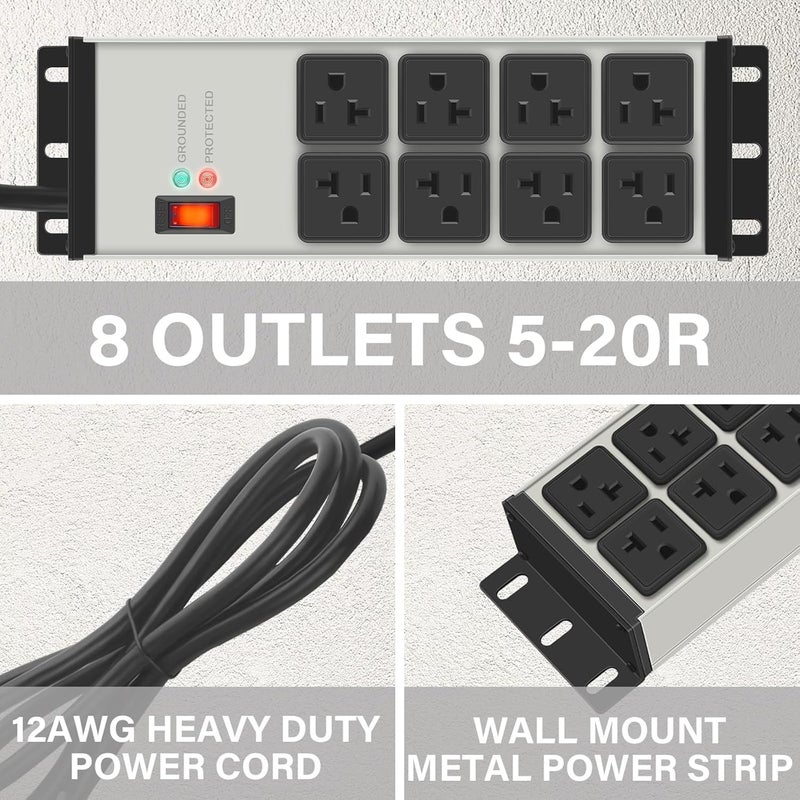 CCCEI Heavy Duty Power Strip Surge Protector 20 AMP, 8 Outlets 12 Gauge Industrial Shop Garage Metal Multiple Outlets, 6 FT Extension Cord 5-15P Adapter High Amp 6-20R T-Slot 20a for Appliance - Image 3